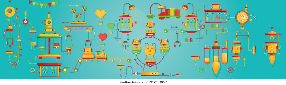 Modern vector illustration of factory of toys with children gifts