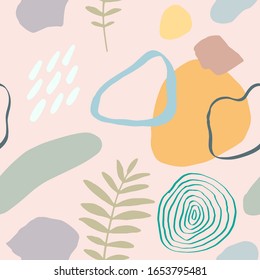 Ilustración vectorial moderna con hojas caídas, salpicaduras, texturas gruesas, trazos de pincel rugoso, doodles. Dibujo creativo abstracto con formas dibujadas a mano.
