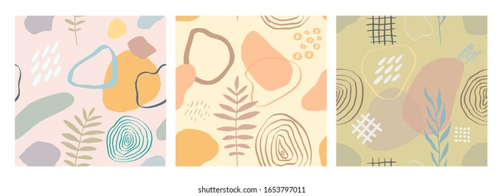 Modern vector illustration with falling leaves, splash, grunge textures, rough brush strokes, doodles. Creative abstract drawing seamless pattern set with hand drawn shapes