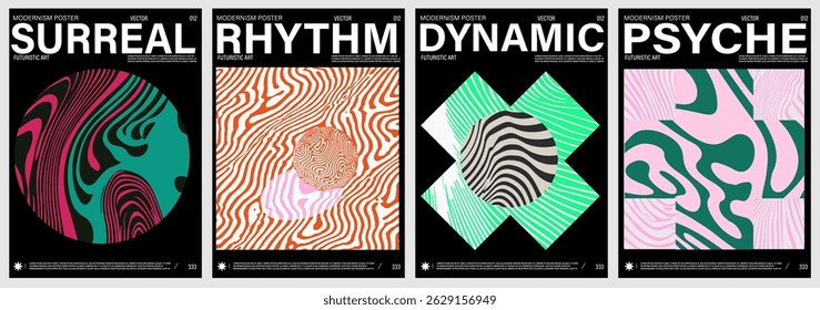 Modern vector illustration features four abstract posters with dynamic lines, geometric shapes, wavy patterns, and bold typography in vibrant colors, inspired by modernism and futuristic art concepts.