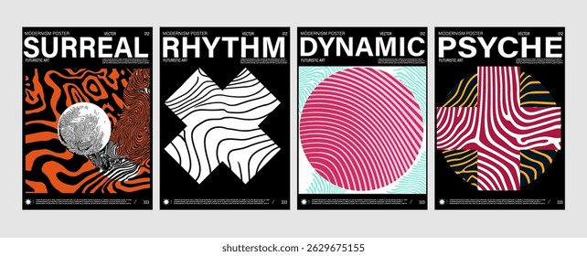 Modern vector illustration features four abstract posters with dynamic lines, geometric shapes, wavy patterns, and bold typography in vibrant colors, inspired by modernism and futuristic art concepts.