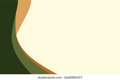 A modern vector illustration featuring abstract, flowing waves in a palette of muted earth tones: deep green, olive, and tan, set against a soft cream backdrop. 