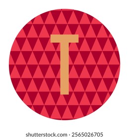 A modern vector illustration featuring a bold gold letter T centered within a vibrant red circle filled with geometric triangular patterns. Perfect for branding or decorative projects.