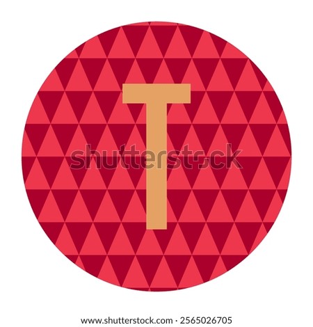 A modern vector illustration featuring a bold gold letter T centered within a vibrant red circle filled with geometric triangular patterns. Perfect for branding or decorative projects.