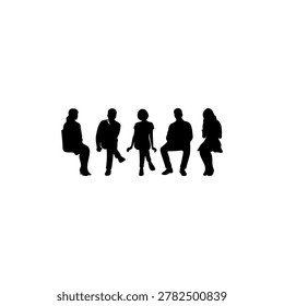 A modern vector illustration featuring five seated human silhouettes in different relaxed poses against a light background. The collection includes both men and women sitting on chairs, some casually posed and one using a mobile phone. The clean black silhouette style with subtle outline details makes the design suitable for presentations, office concepts, social interaction themes, graphic design projects, infographics, icons, or creative digital artwork.