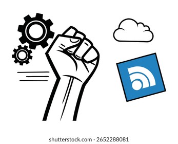 Ilustração vetorial moderna com engrenagens, um símbolo RSS, punho e elementos de nuvem para tecnologia, internet e conceitos de mídia social. Ideal para infográficos e design digital.