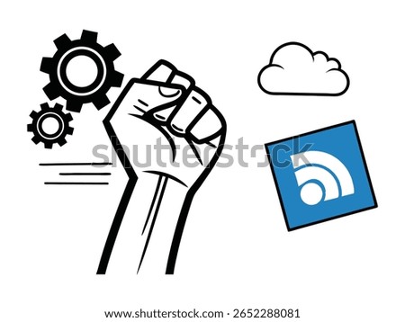 Modern vector illustration featuring gears, an RSS symbol, fist, and cloud elements for technology, internet, and social media concepts. Ideal for infographics, and digital design.