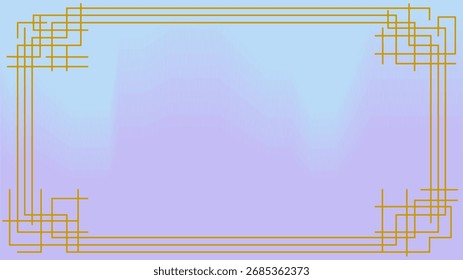 Ilustración vectorial moderna con un marco de línea geométrica dorada sobre un fondo pastel azul y púrpura suave. Perfecto para invitaciones elegantes, certificados, tarjetas de felicitación, carteles de lujo.
