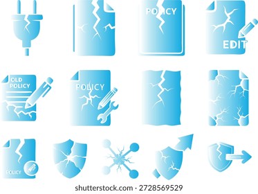 Ilustração vetorial moderna com documentos de política, ferramentas de edição e efeitos de vidro quebrados em um design elegante plano azul e branco, ideal para projetos de marketing empresarial, legal e digital.