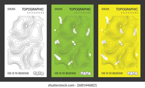 Modern vector illustration featuring topographic backgrounds in white, green, and yellow. Ideal for posters, banners, or any design needing a mountain vibe.