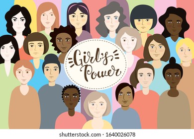 Modern Vector Illustration Of Feminist Women With Inscripion Girls Power