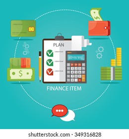 Modern vector illustration of finance items, economic instruments, money savings, 