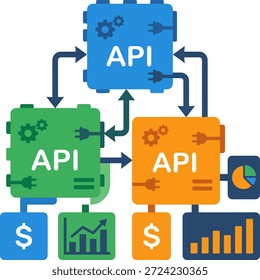 ilustração vetorial moderna de integração de api financeira com módulos de software conectados com símbolos de câmbio em dólar e gráficos de crescimento para sistemas automatizados de banco digital e análise de dados