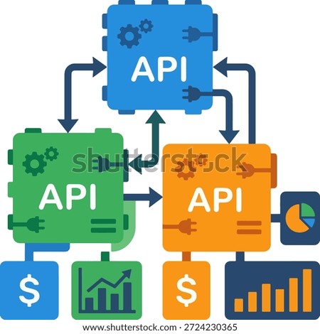 modern vector illustration of financial api integration featuring connected software modules with gears dollar symbols and growth charts for automated digital banking and data analytics systems