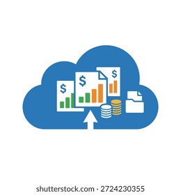 Ilustración vectorial moderna de almacenamiento en la nube financiera con un Grande ícono de la nube azul con una flecha Cargar que documenta los gráficos de crecimiento y las monedas de oro para el alojamiento seguro de datos digitales y bancarios