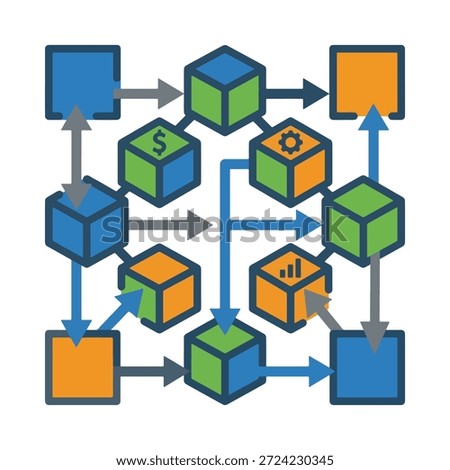 modern vector illustration of a financial system integration featuring a complex network of connected data blocks dollar symbols gears and growth charts for professional banking management logic