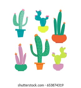 Modern vector illustration with flat cute colored cactus in pot, plant cartoon set isolated on white background. Funny poster, card, sticker. Floral design elements