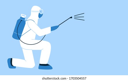 Modern vector illustration in flat style. Doctor in protective suit with disinfection equipment. Side view. Decontamination as a prevention against coronavirus COVID-19. Design concept. Place for text