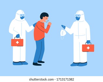 Modern vector illustration in flat style. Coughing, sneezing man and doctors in hazmat suits helping him to recover. Doctor giving medical mask. Respiratory hygiene. Stop Coronavirus COVID-19 spread