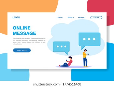 Modern vector illustration, flat style, 2 young men chatting through social networks, messages, social networks, chat, dialogue, getting acquainted.