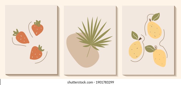 modern vector illustration in flat style. drawing minimalism of pears and strawberries. palm branch. posters for printing