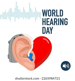 Modern vector illustration in flat style for World Hearing Day. Hearing aid device for the hearing impaired and the deaf.