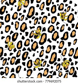 Modern Vector illustration floral mix with animal print summer seamless white color background pattern with  Hand drawn leopard skin print design.