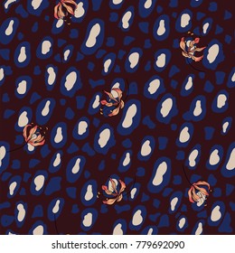 Modern Vector illustration floral mix with animal print summer seamless bergundy color background pattern with  Hand drawn leopard skin print design.