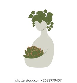 Modern vector illustration of a flower pot in the form of a woman with plants on her head and in her hands, symbolizing nature, growth and inner peace. Perfect for eco, wellness and botanical themes.