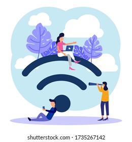 Modern vector illustration, free public wireless connection, Wi-Fi wireless point, For cellular user interfaces, digital data transmission flows through radio channels.