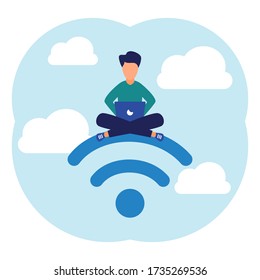 Modern vector illustration, free public wireless connection, Wi-Fi wireless point, For cellular user interfaces, digital data transmission flows through radio channels.