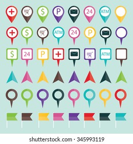 modern vector illustration of geo location pins travel elements composition, map tag, flag, navigation symbols