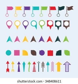 modern vector illustration of geo location pins travel elements composition, map tag, flag, navigation symbols