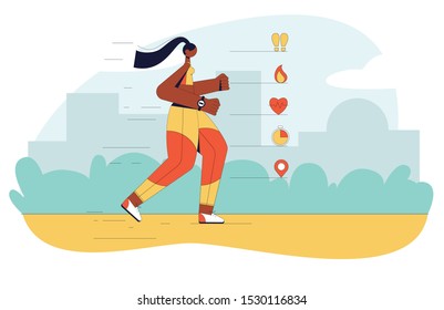 Modern vector illustration of a girl running outdoors. Flat design concepts for website, flyer, banner with symbols and infographic. Information on heart rate, steps, timer, calorie count for runners