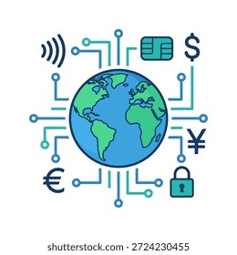 Moderne Vektorgrafik globaler digitaler Zahlungen mit einer Weltkugel umgeben von Währungssymbolen und Netzwerklinien für sichere internationale Bankgeschäfte und elektronische Geldüberweisungen