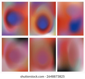 Modern vector illustration in gradient mesh style. Features soft, abstract backgrounds with oval and circular forms blending vivid red, blue, orange, and purple hues in smooth transitions.