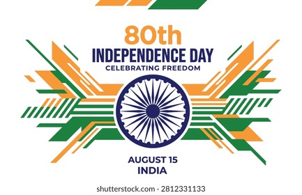 Modern vector illustration graphic celebrating the eightieth independence day of India with vibrant orange green and blue geometric abstract shapes