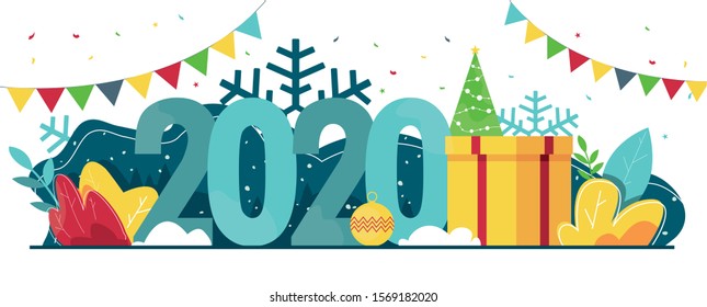 Modern vector illustration of greeting card for Happy New Year concept. 2020 numbers woth Christmas tree, snowflakes and gift. For web, postcard and banner.