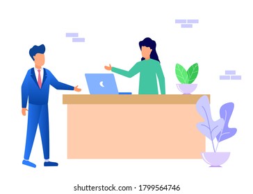 Modern vector illustration. Guests head to the reception table, chat, place orders, and fill out lists. The young female receptionist was standing at the reception desk.