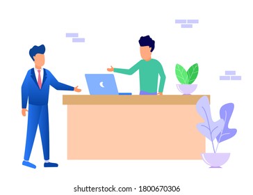 Modern vector illustration. Guests head to the reception table, chat, place orders, and fill out lists. The young female receptionist was standing at the reception desk.