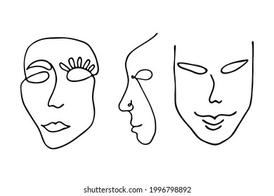 Modern vector illustration. Hand drawing abstract female faces line art isolated on white background.