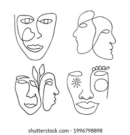 Modern vector illustration. Hand drawing abstract female faces line art isolated on white background.