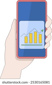 Um vetor moderno ilustração de uma mão segurando um smartphone exibindo um gráfico de barras com uma seta para cima, simbolizando o lucro em ações ou negociação forex.