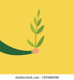 Modern vector illustration of hand with leaves. Ecology concept. Earth day. Save planet.