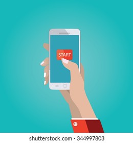 Modern vector illustration of hand with smart phone, touch interface with start button, hand using and touching screen