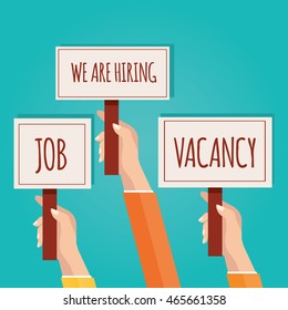 Modern vector illustration of  Hands holding signboard with We are hiring text
