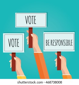 Modern vector illustration of Hands holding signboard with politics, voting and elections symbols