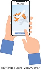 A modern vector illustration of hands using a smartphone to book a flight, featuring a travel app interface with an airplane image and a "Let's Go!" button.