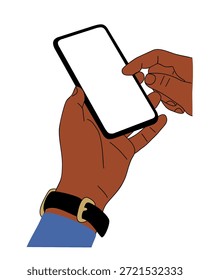 Ilustración vectorial moderna de manos con piel marrón cálida que sostiene un teléfono inteligente negro con pantalla blanca, con líneas limpias y diseño plano.