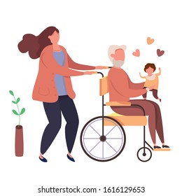 Modern vector illustration of happy family. Daughter with handicappem grandfather in wheelchair with kid on hands. Woman with disabled old man holding a baby in his arms. Family love concept